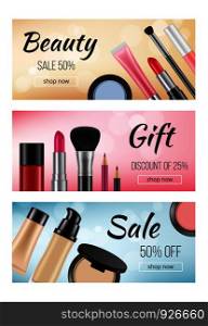 Banners of cosmetics. Design template of horizontal banners with illustrations of women cosmetics. Vector cosmetic beauty cream, sale and discount. Banners of cosmetics. Design template of horizontal banners with illustrations of women cosmetics