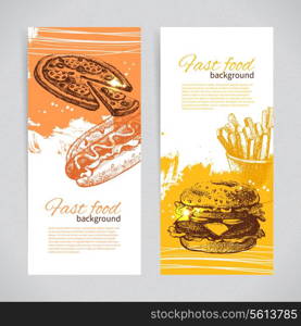 Banners of fast food design. Hand drawn illustrations. Splash blob backgrounds