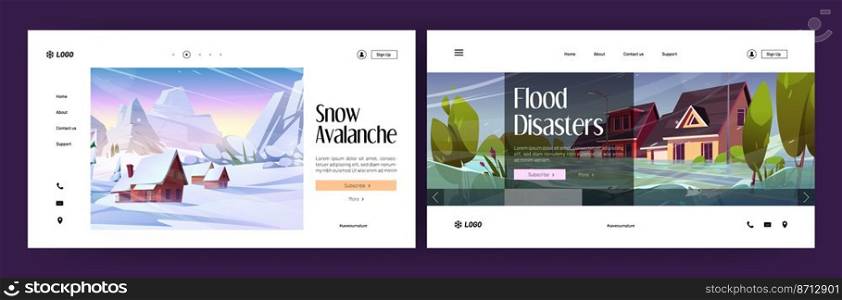 Banners of flood disaster and snow avalanche. Nature accidents, environment cataclysms landing pages. Vector cartoon illustrations of mountain with snowslide and inundation in city. Banners of flood disaster and snow avalanche