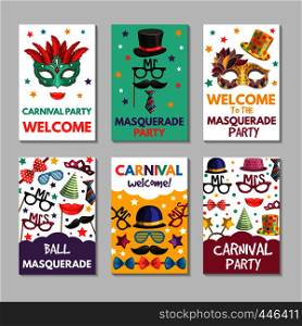 Banners or cards set with illustrations of funny tools for masquerade. Design template with place for your text. Masquerade holiday banner, party carnival card of set vector. Banners or cards set with illustrations of funny tools for masquerade. Design template with place for your text