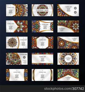 Banners or visit cards with mandala decoration on them. Arabic or indian oriental design. Vector collection set. Banner card with mandala pattern decoration illustration. Banners or visit cards with mandala decoration on them. Arabic or indian oriental design. Vector collection set