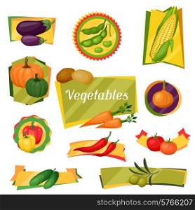 Banners, ribbons and badges with stylized vegetables.
