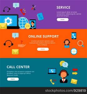 Banners set of call center support. Horizontal banners template with online support concept pictures. Support call online service, banner help center illustration. Banners set of call center support. Horizontal banners template with online support concept pictures