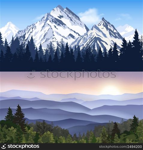 Banners set of landscape with winter mountains and forest mountains with sunrise haze vector illustration. Landscape Of Mountains Banners