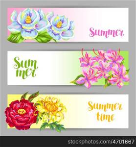 Banners set with China flowers. Bright buds of magnolia, peony, rhododendron and chrysanthemum.