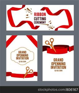 Banners set with pictures with red ribbons for ceremony. Vector scissors cut ribbon, ceremony invitation illustration. Banners set with pictures with red ribbons for ceremony