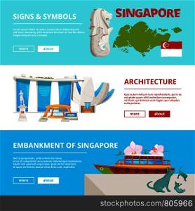 Banners template with cultural objects and landmarks of singapore. Vector building architecture, poster banner embankment illustration. Banners template with cultural objects and landmarks of singapore