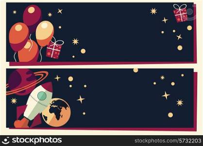 Banners with balloons, presents, rocket ship and planets, vector illustration