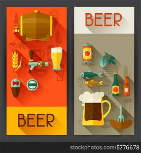 Banners with beer icons and objects in flat style.. Banners with beer icons and objects in flat style