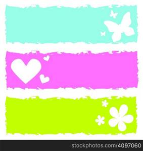 banners with butterflies, hearts and flowers, vector illustration