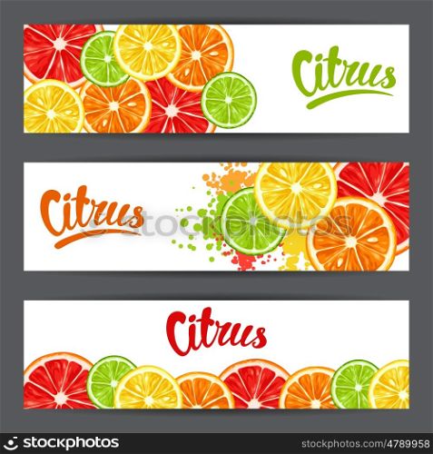 Banners with citrus fruits slices. Mix of lemon lime grapefruit and orange. Banners with citrus fruits slices. Mix of lemon lime grapefruit and orange.