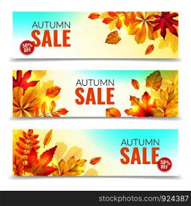 Banners with fall leaves. Autumn season discount offers with red and orange realistic foliage. Colorful leaf design vector seasonal autumnal sale abstract tag templates. Banners with fall leaves. Autumn season discount offers with red and orange realistic foliage. Colorful leaf design vector templates
