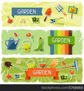 Banners with garden sticker design elements and icons.. Banners with garden sticker design elements and icons
