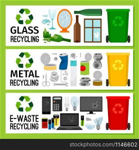 Banners with glass metal e-waste trash, garbage separation vector illustration. Banners with glass metal e-waste trash