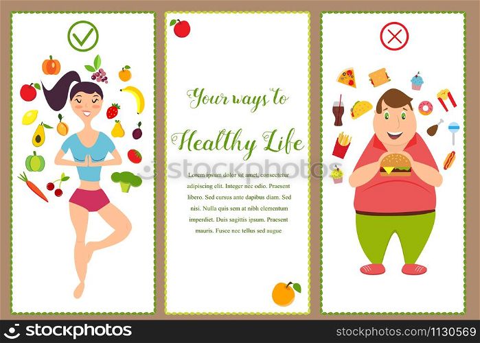 Banners with healthy food and fast food. Illustration of the fit girl and overweight man. Banners with healthy food and fast food