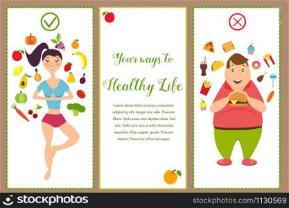 Banners with healthy food and fast food. Illustration of the fit girl and overweight man. Banners with healthy food and fast food