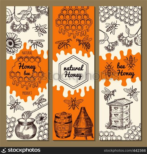 Banners with honey product pictures. Bee, honeycomb. Vector illustrations. Sweet honey natural banner collection. Banners with honey product pictures. Bee, honeycomb. Vector illustrations