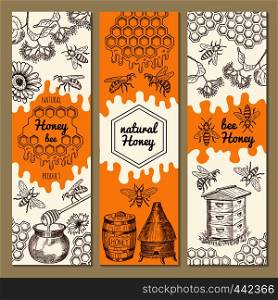 Banners with honey product pictures. Bee, honeycomb. Vector illustrations. Sweet honey natural banner collection. Banners with honey product pictures. Bee, honeycomb. Vector illustrations