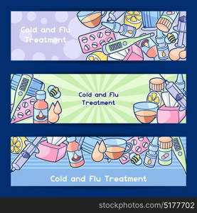 Banners with medicines and medical objects. Treatment of cold and flu. Banners with medicines and medical objects. Treatment of cold and flu.