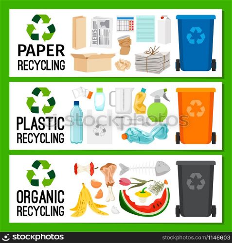Banners with paper plastic and organic trash, vector illustration. Banners with paper plastic organic trash