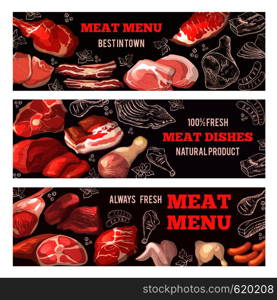 Banners with pictures of meat. Brochure design template for butcher shop. Set of poster with food meat, pork and beef. Vector illustration. Banners with pictures of meat. Brochure design template for butcher shop