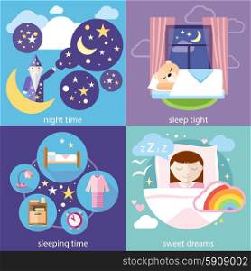 Banners with sleeping time, night time, sweet dreams and sleep tight concepts icons in cartoon style. Little cute girl sleeping in her bed with toys