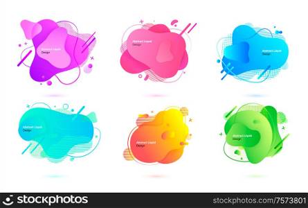 Banners with splashes of color vector, isolated abstract liquid design. Marks on decoration, cross and dots, circles and lines, blue and pink templates. Abstract Liquid Design Creative Banner for Website