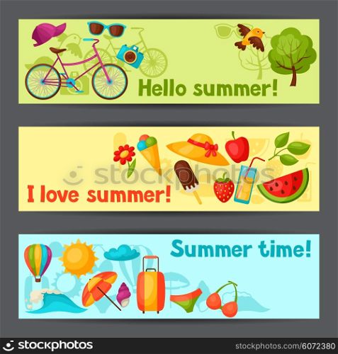 Banners with stylized summer objects. Design for cards, covers, brochures and advertising booklets.