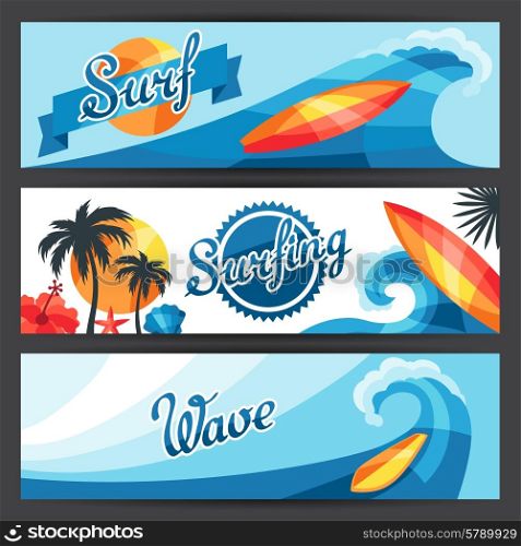 Banners with surfing design elements and objects.. Banners with surfing design elements and objects