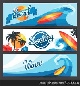 Banners with surfing design elements and objects.. Banners with surfing design elements and objects