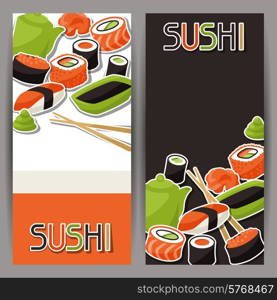 Banners with sushi. Japanese traditional cuisine illustration.
