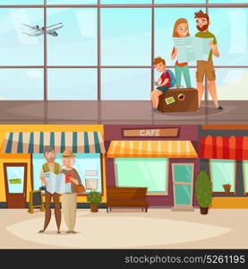 Banners With Traveling People . Banners with traveling people including family in airport and couple with map in city isolated vector illustration