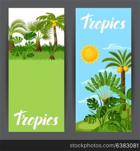 Banners with tropical palm trees. Exotic tropical plants Illustration of jungle nature. Banners with tropical palm trees. Exotic tropical plants Illustration of jungle nature.