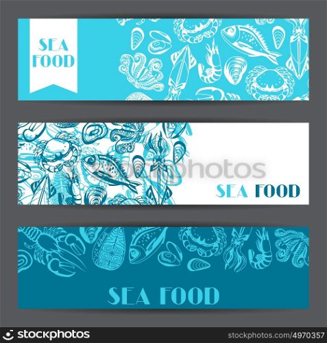 Banners with various seafood. Illustration of fish, shellfish and crustaceans.