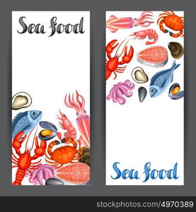 Banners with various seafood. Illustration of fish, shellfish and crustaceans.