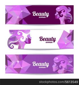 Banners with woman silhouette and triangle pattern. Template design cards