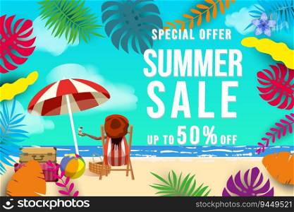 BannerSummer sale. Tropical beach, woman in the beach chair, stage, surf, umbrella, palm leaves, sky, cloud. Shopping promotion adverising template background. BannerSummer sale. Tropical beach, woman in the beach chair, stage, surf, umbrella, palm leaves, sky, cloud