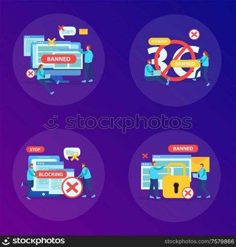 Banning abusive content websites instant messaging users devices internet blocking concept 4 flat compositions square vector illustration