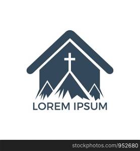 Baptist cross in mountain logo design. Cross on top of the mountain and home shape logo.