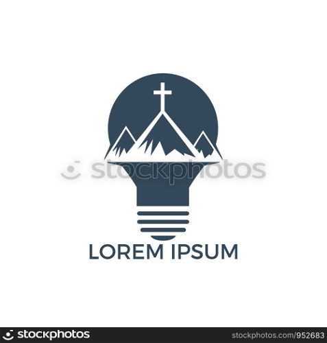 Baptist cross in mountain logo design. Cross on top of the mountain and light bulb shape logo.