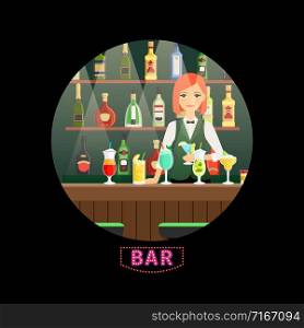 Bar and girl bartender vector round banner. Bar bartender woman, alcohol drink in nightclub illustration. Bar and girl bartender vector round banner