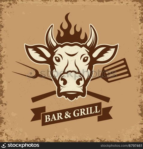 Bar and grill. Cow head with kitchen tools on grunge background. Design element for restaurant menu, poster. Vector illustration.