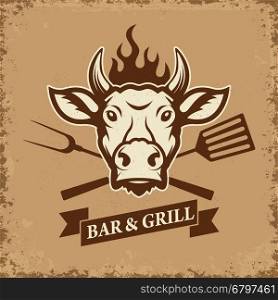 Bar and grill. Cow head with kitchen tools on grunge background. Design element for restaurant menu, poster. Vector illustration.