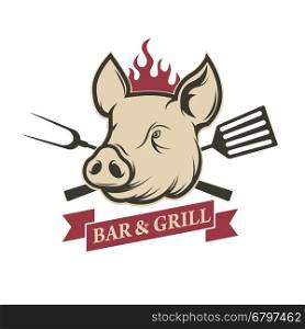 Bar and grill. Pig head with kitchen tools isolated on white background. Design element for restaurant menu, poster. Barbecue invitation card. Vector illustration.