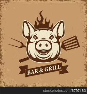 Bar and grill. Pig head with kitchen tools on grunge background. Design element for restaurant menu, poster. BBQ invitation card. Vector illustration.