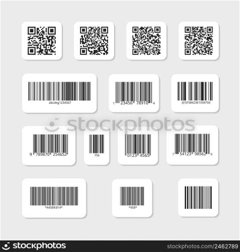 Bar and QR codes on white vector stickers set. Label information data, identification strip illustration. Bar and QR codes on white vector stickers set