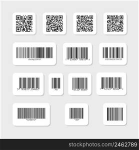 Bar and QR codes on white vector stickers set. Label information data, identification strip illustration. Bar and QR codes on white vector stickers set