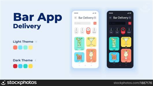 Bar app cartoon smartphone interface vector templates set. Shipping alcohol drinks. Mobile app screen page day and dark mode design. Pub menu UI for application. Phone display with flat character. Bar app cartoon smartphone interface vector templates set