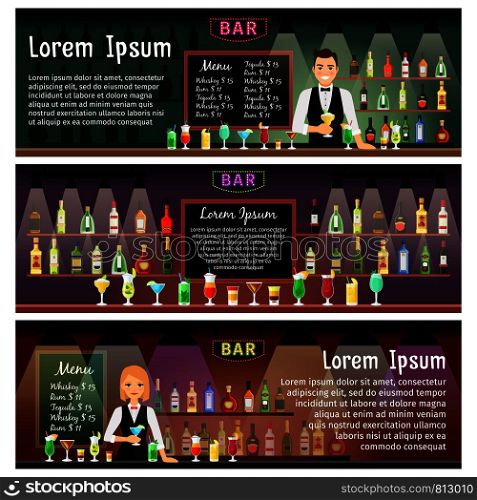 Bar banners set with bartender and alcohol bottles on shelves. Vector illustration. Bar banners set