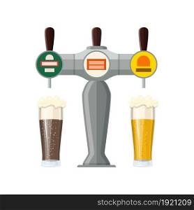 Bar Beer Tap with Beer Glasses isolated on white background. Vector illustration in flat style. Bar Beer Tap